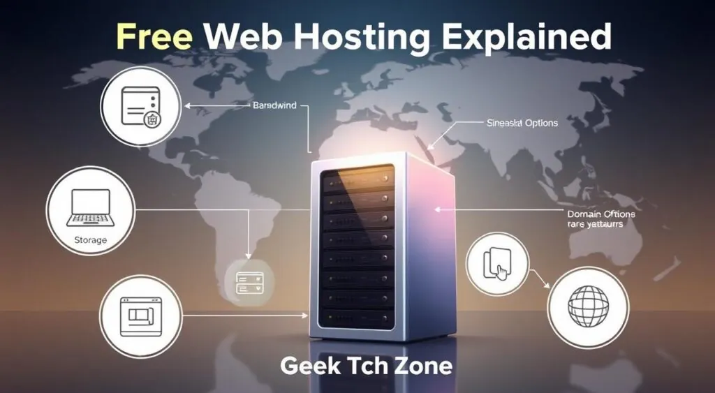 A detailed technical illustration of "Free Web Hosting Services Explained", showcasing the Geek Tech Zone brand. In the foreground, a series of icons and diagrams explaining the key features and benefits of free web hosting, such as storage, bandwidth, and domain options. In the middle ground, a 3D rendered server rack representing the web hosting infrastructure, bathed in a soft, warm lighting. In the background, a stylized world map to convey the global reach and accessibility of these services. The overall aesthetic is clean, modern, and informative, designed to educate and enlighten the viewer about the world of free web hosting.