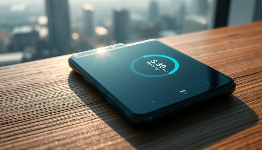 A high-angle view of a Huawei P30 Pro smartphone resting on a wooden surface, its display showing battery performance metrics and charging status. The phone's sleek glass and metal design is illuminated by soft, directional lighting, creating dramatic shadows and highlights. In the background, a blurred cityscape or nature scene provides a subtle, contextual setting. The overall mood is one of technological sophistication and practical utility, inviting the viewer to imagine the device's capabilities in everyday use.