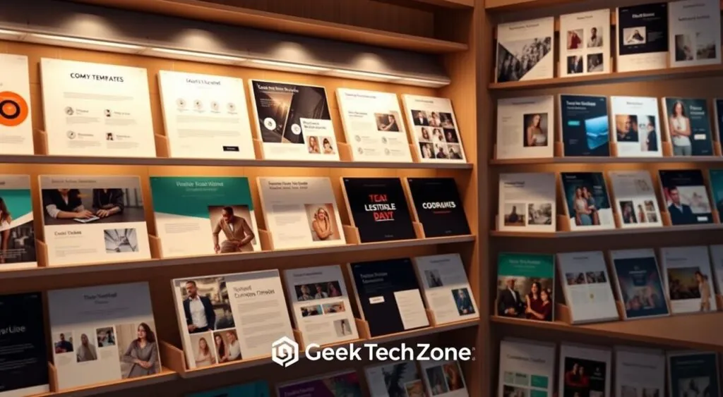 A high-quality, professional-looking library of design templates for Canva Pro, showcasing a diverse collection of elegant, modern layouts for various content types. The templates are displayed on sleek, minimalist shelves or racks, bathed in warm, directional lighting that highlights their refined aesthetics. In the foreground, a few sample templates are showcased, their designs ranging from corporate brochures to social media graphics, all exuding a cohesive, premium brand identity. The Geek Tech Zone logo is subtly integrated into the scene, establishing the context. The overall atmosphere conveys a sense of creativity, productivity, and the power of Canva Pro's design capabilities.