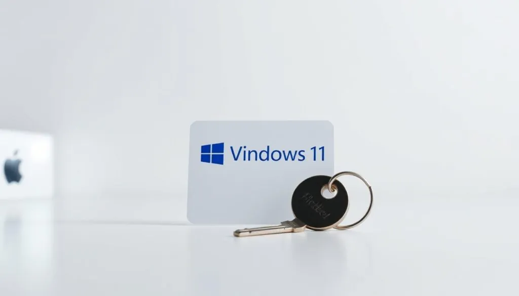 A high-resolution digital image of a genuine Windows 11 product key displayed prominently on a clean, well-lit desktop surface. The key is presented against a plain, neutral background that allows it to be the focal point. The lighting is soft and diffused, creating a professional, technical atmosphere. The angle is slightly angled to provide a clear, unobstructed view of the product key, with a shallow depth of field that keeps the background slightly blurred. The image conveys a sense of importance and authenticity, suitable for use in an article about activating Windows 11.