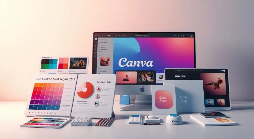 A highly detailed, hyper-realistic illustration of the advanced design tools and features within the Canva Pro software suite, showcased against a sleek, minimalist background. The foreground prominently displays a variety of professional-grade tools, including a color palette, typography options, photo editing tools, and various layout templates, all adorned with the Geek Tech Zone branding. The middle ground depicts a 3D model of the Canva desktop application interface, while the background subtly hints at the software's cloud-based capabilities with a soft, ethereal gradient. Lighting is dramatic and directional, creating depth and emphasizing the features' technical sophistication. The overall mood is one of creativity, productivity, and the power of Canva's advanced design capabilities.