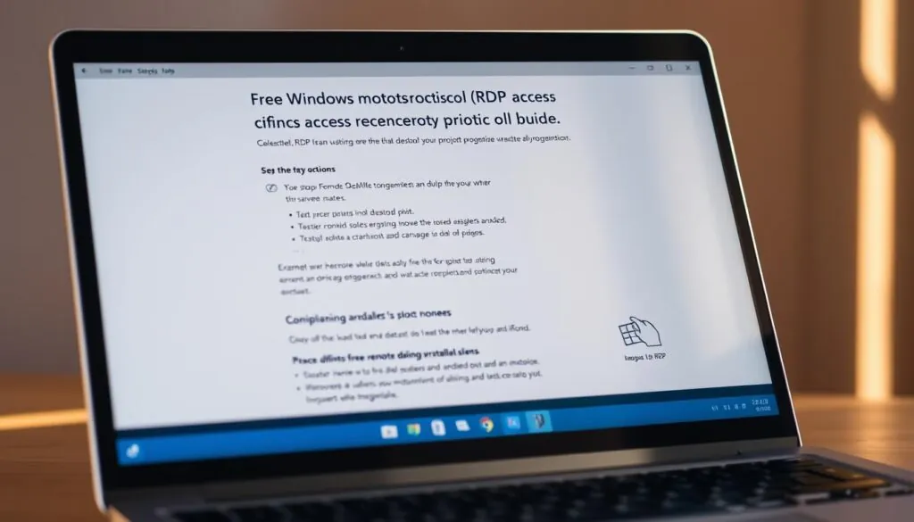 A neatly arranged setup guide for free Windows Remote Desktop Protocol (RDP) access, displayed on a modern laptop screen. The guide features clearly labeled sections with step-by-step instructions, accompanied by intuitive icons and illustrations. The overall layout is clean and professional, with a warm, inviting color palette that enhances readability. Soft, directional lighting from the side illuminates the guide, creating depth and emphasizing key details. The laptop is positioned at a slight angle, allowing for an optimal viewing experience. The background is slightly blurred, maintaining focus on the informative content.