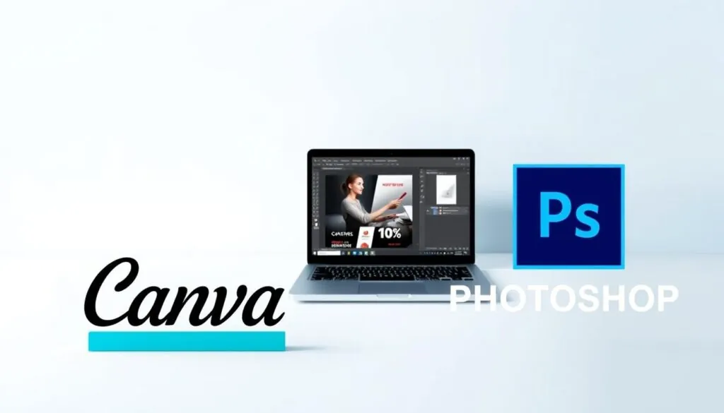 A side-by-side comparison of Canva and Photoshop, set against a clean, minimalist background. In the foreground, the logos of the two design tools stand prominently, casting subtle shadows. The middle ground features a laptop displaying the user interfaces of Canva and Photoshop, showcasing their contrasting styles and capabilities. The background is softly lit, with a cool, professional tone, emphasizing the high-quality, enterprise-level nature of the products. The overall composition highlights the distinct features and target audiences of these two powerful design platforms.