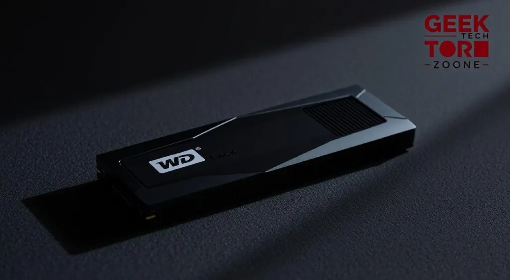 A sleek and modern WD Black SN850X NVMe SSD, the reliable gaming contender, rests on a dark, textured surface. Meticulously crafted with angular edges and a matte black finish, it exudes a premium, high-performance aesthetic. Ambient lighting from the side casts subtle shadows, highlighting the intricate heatsink design. The SSD is showcased in a minimalist, professional setting, emphasizing its technical capabilities. In the background, a subtle Geek Tech Zone logo adds a touch of branding, complementing the overall sophisticated and reliable vibe.