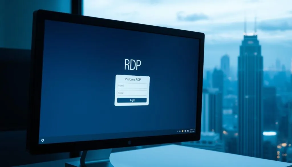 A sleek, high-tech interface depicting a Remote Desktop Protocol (RDP) connection. In the foreground, a computer screen showcases the RDP login screen, with a clean, minimalist design and intuitive user controls. In the middle ground, a desktop environment is visible, displaying various productivity apps and windows. The background features a subtle, futuristic cityscape with towering skyscrapers, glowing lights, and a hint of a nighttime sky, conveying a sense of advanced technology and secure remote access. The scene is illuminated by a cool, bluish-white tone, creating a professional, yet captivating atmosphere.