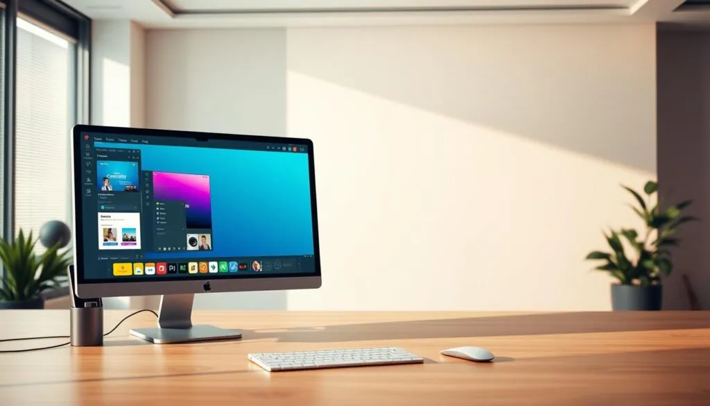 A sleek, modern desktop setup showcasing the user interfaces of Canva and Photoshop side-by-side. In the foreground, a high-resolution display shows the Canva interface, its intuitive drag-and-drop design tools and vibrant color palette evident. In the middle ground, a second display features the Photoshop interface, its powerful array of advanced editing tools and layers visible. The background depicts a minimalist, well-lit office space with clean lines and neutral tones, creating a professional, creative atmosphere. Warm, directional lighting casts subtle shadows, accentuating the depth and textures of the scene. The overall composition highlights the contrasting capabilities and user experiences of these two leading graphic design applications.