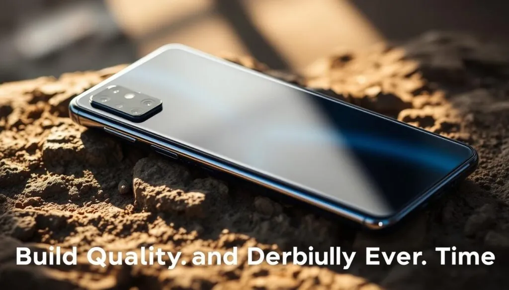 A sturdy Huawei P30 Pro resting on a rugged, textured surface, illuminated by a warm, natural light that casts subtle shadows. The phone's sleek, metallic chassis reflects the light, showcasing its premium build quality. The screen is unscathed, and the camera module protrudes slightly, ready to capture stunning images. The background is slightly blurred, keeping the focus on the resilient device, conveying a sense of durability and reliability. The overall composition suggests the phone's ability to withstand the rigors of everyday use, reflecting the "Build Quality and Durability Over Time" theme.