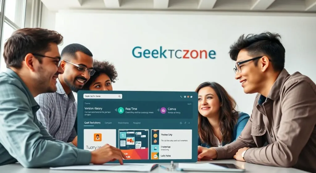 A well-lit, high-resolution 4K image of the "Canva Collaboration Tools for Teams" feature, showcasing a sleek and intuitive user interface. The foreground displays a group of four diverse professionals collaborating on a design project, their faces visible as they discuss ideas. The middle ground features an assortment of Canva's team-focused tools, such as commenting, version history, and real-time editing. The background depicts the Geek Tech Zone branding, with a clean and minimalist aesthetic that complements the overall scene. The lighting is soft and natural, creating a productive and collaborative atmosphere. The camera angle is slightly elevated, providing an overview of the workspace and highlighting the seamless integration of Canva's team collaboration features.