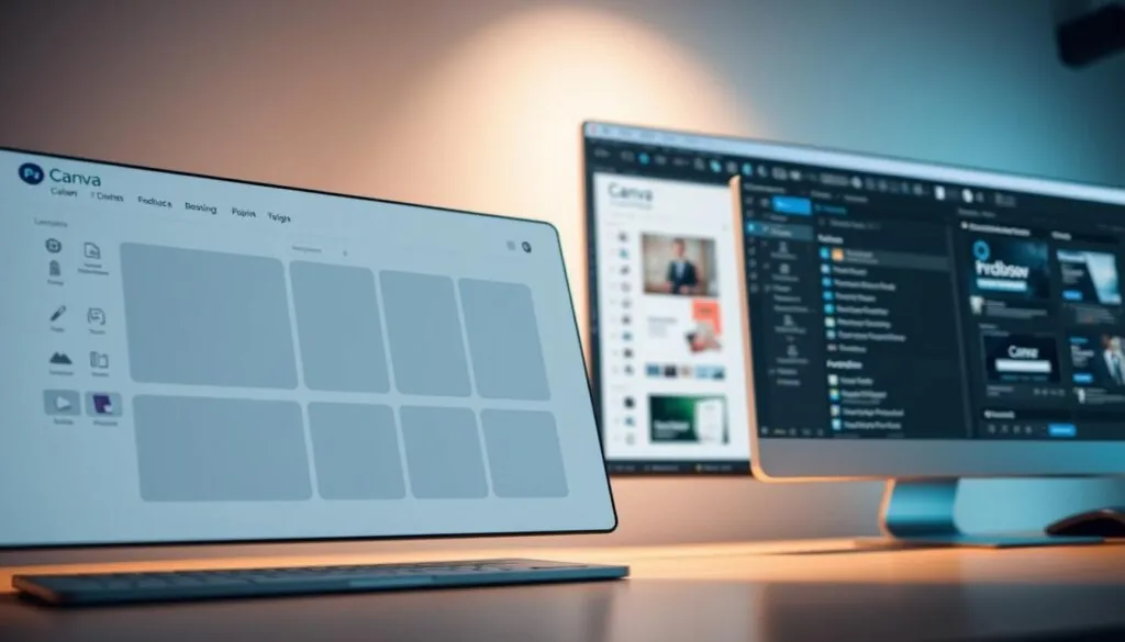 An elegantly designed software interface comparison, showcasing Canva's modern, user-friendly layout juxtaposed with Photoshop's more complex, professional tools. In the foreground, sleek panels and intuitive icons populate the Canva workspace, while the Photoshop interface looms in the background, its intricate menus and toolbars suggesting a more technical, but powerful design experience. Soft, indirect lighting illuminates the workspaces, creating a sense of depth and emphasis on the contrasting user experiences. The scene is captured at a slightly angled, dynamic perspective, inviting the viewer to imagine themselves immersed in the design process.