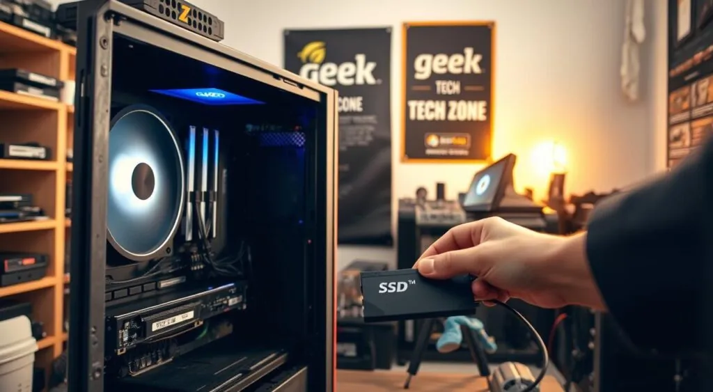 Detailed SSD installation guide for a gaming PC, shot in a well-lit home workshop setting. Foreground shows an open PC case with an SSD being carefully installed, with hands and tools visible. Middle ground displays various PC components, cables, and tools neatly arranged. Background features a "Geek Tech Zone" branded poster on the wall, providing a clean, professional atmosphere. Warm, natural lighting casts a soft glow, highlighting the intricate details of the installation process. The overall scene conveys a sense of expertise, focus, and attention to detail suitable for a comprehensive PC hardware guide.