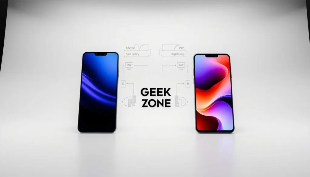 A high-quality, detailed comparison of two smartphone displays from the leading platforms, showcasing their distinctive technologies and capabilities. Set in a modern, minimalist studio environment with clean white backgrounds, soft even lighting, and a sleek, professional aesthetic. The foreground features the two devices side-by-side, their screens illuminated to highlight the subtle differences in color accuracy, contrast, brightness, and viewing angles. The middle ground includes technical diagrams and measurements, conveying the engineering principles behind each display type. In the background, the Geek Tech Zone brand logo subtly anchors the scene, underscoring the authoritative, expert-level nature of the visual content.