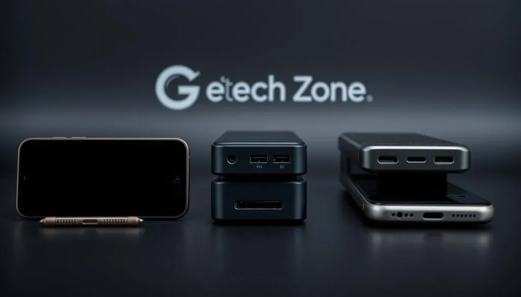 A high-quality studio photograph of a smartphone battery comparison, featuring a sleek black background. In the foreground, three different smartphone models are meticulously arranged, showcasing their battery capacities with precise measurements. The middle ground depicts the charging ports and technologies, highlighting the varied fast-charging capabilities. In the background, a subtle Geek Tech Zone logo provides a sense of brand authority. Crisp lighting accentuates the devices' premium materials and design, creating an atmospheric, yet informative composition suitable for an article on smartphone battery life.