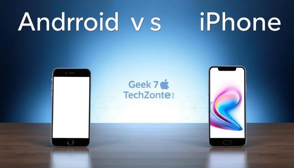 A modern, sleek interface showcasing the user experience comparison between an Android and an iPhone smartphone. In the foreground, the devices are depicted side-by-side, their displays illuminated with a soft, diffused lighting. The middle ground features a stylized backdrop with minimal, geometric patterns and a subtle gradient, evoking a sense of technological sophistication. In the background, a cool-toned color palette and a Geek Tech Zone branding element create a clean, professional aesthetic. The overall composition highlights the nuanced differences in the software experiences, inviting the viewer to explore and compare the two platforms.
