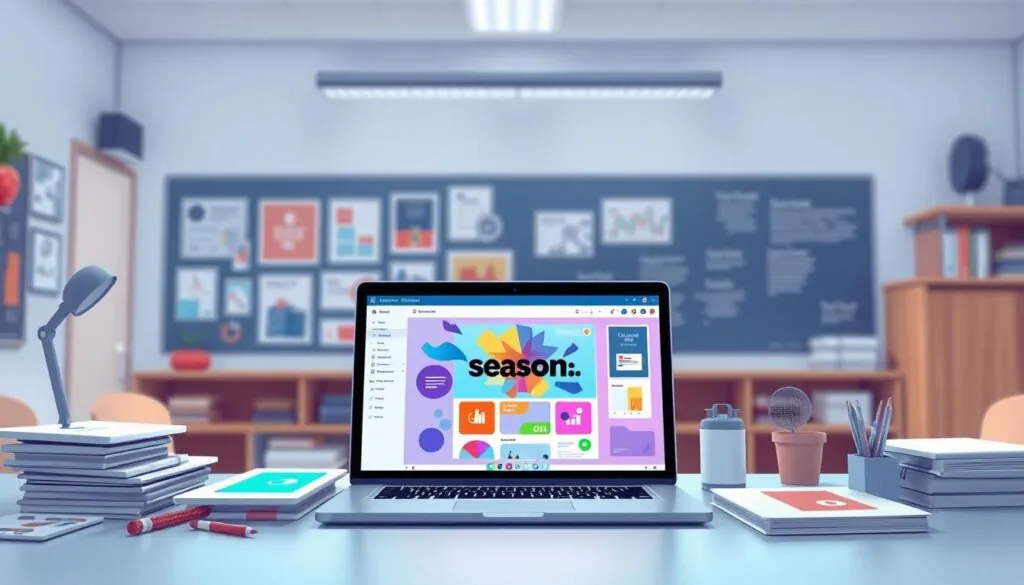 Detailed digital illustration of Canva Pro educational design tools, showcasing a workspace with a modern, clean aesthetic. In the foreground, an array of design elements and templates are prominently displayed, inviting the user to explore the platform's capabilities. The middle ground features a laptop screen displaying a vibrant, visually-engaging design project, highlighting Canva Pro's intuitive interface and powerful features. The background subtly suggests a classroom or educational setting, conveying the tool's educational focus. The overall scene is illuminated by soft, directional lighting, creating a sense of depth and emphasizing the tool's user-friendly and professional design.