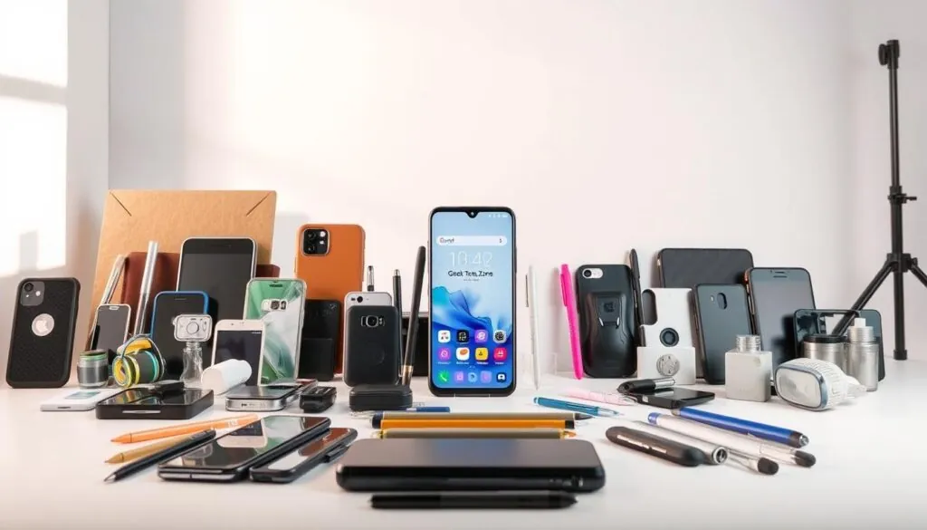 Smartphone Customization Options: A high-resolution, realistic image of an array of various smartphone customization options, including interchangeable cases, screen protectors, stylus pens, mobile accessories, and other customizable elements. The scene is set in a clean, modern studio with soft, directional lighting, capturing the items in a visually appealing and informative manner. The foreground showcases the diverse customization options, while the middle ground features a Geek Tech Zone branded smartphone in a minimalist pose, emphasizing the personalization capabilities. The background is a simple, neutral backdrop that allows the customization elements to take center stage.